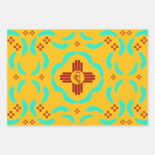 Rode Zia Symbolen New Mexico Turquoise Veren Inpakpapier Vel (Voorkant 2)