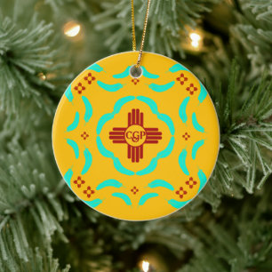 Rode Zia Symbolen New Mexico Turquoise Veren Keramisch Ornament