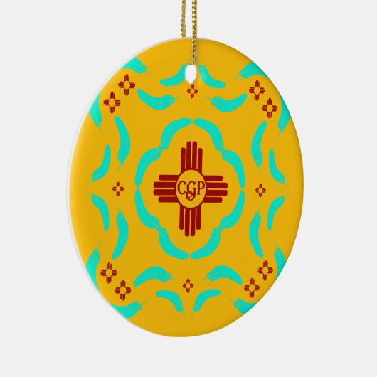 Rode Zia Symbolen New Mexico Turquoise Veren Keramisch Ornament (Rechts)