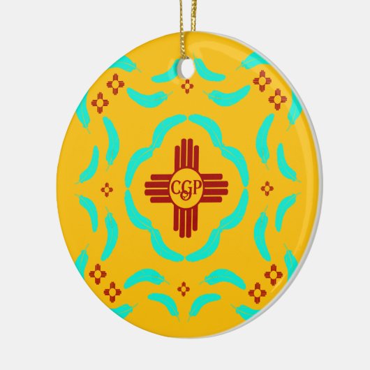 Rode Zia Symbolen New Mexico Turquoise Veren Keramisch Ornament (Links)