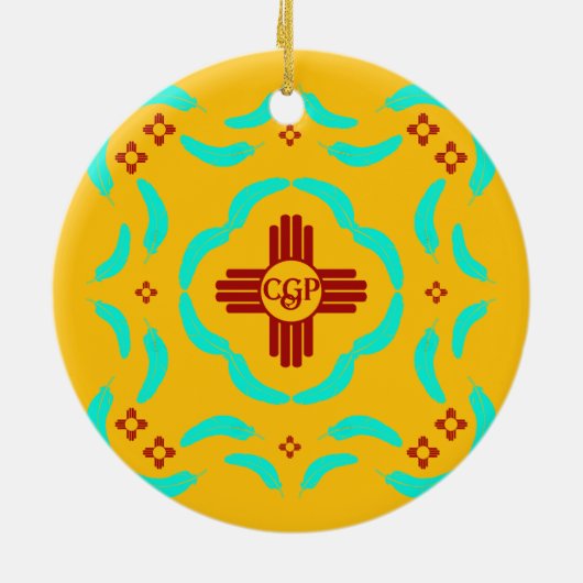 Rode Zia Symbolen New Mexico Turquoise Veren Keramisch Ornament (Achterkant)