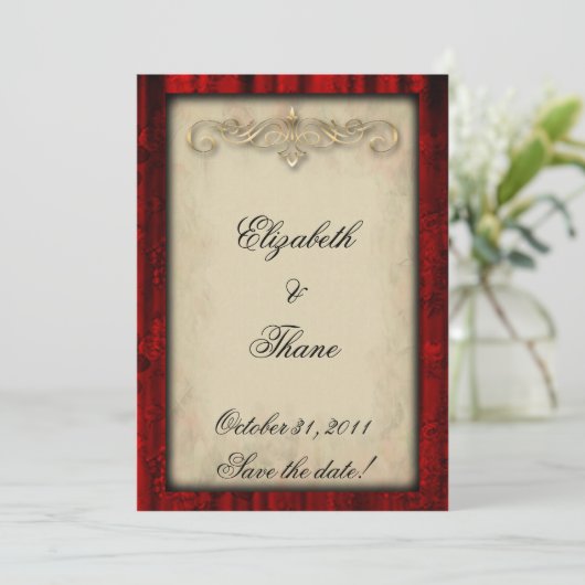 Rode Zijde en Parcenten Gothic Wedding Invitation Save The Date (Staand voorkant)