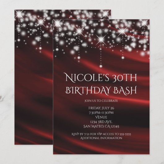 Rode Zijde & Glitter Goud Glam Uitnodiging voor Ie (Voorkant / Achterkant)