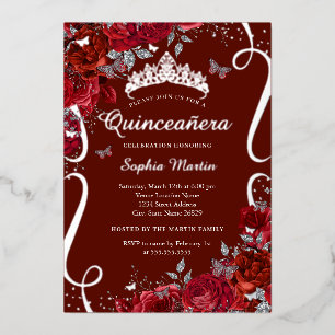 Rode Zilveren Bloem Vlinder Elegante Quinceanera Folie Uitnodiging