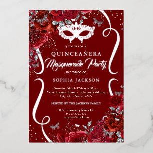 Rode Zilveren Bloemenscherm Maskerade Quinceanera Folie Uitnodiging