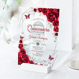 Rode Zilveren Bloemige Quinceanera Acryl Uitnodigingen