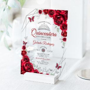 Rode Zilveren Bloemige Quinceanera Acryl Uitnodigingen