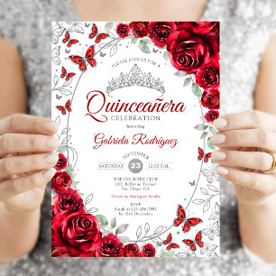 Rode Zilveren Bloemige Quinceanera Kaart
