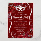 Rode Zilveren Bloemige Scroll Maskerade Quinceaner Folie Uitnodiging (Voorkant)