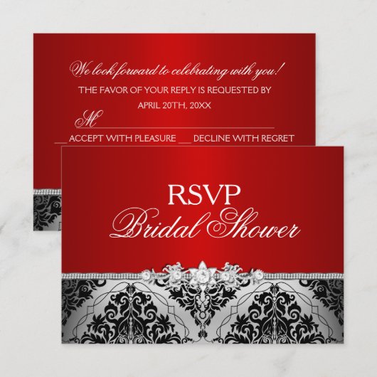 Rode Zilveren Damast & Juwelen Bruidsfeest RSVP (Voorkant / Achterkant)