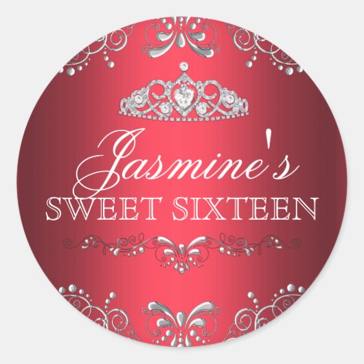 Rode Zilveren Damast & Tiara Sweet 16 Sticker (Voorkant)