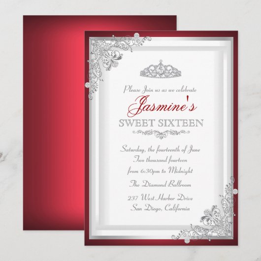 Rode Zilveren Damast Tiara Sweet 16 Uitnodiging (Voorkant / Achterkant)