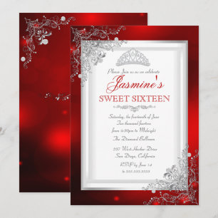 Rode Zilveren Damasten Tiara Sweet 16 Verjaardag Kaart
