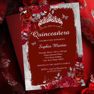Rode Zilveren Elegante Bloemvlinder Quinceanera Folie Uitnodiging