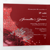 Rode zilveren FOTO-rozen ballonmeisjes Drieluik Uitnodiging (Binnenzijde eerst)