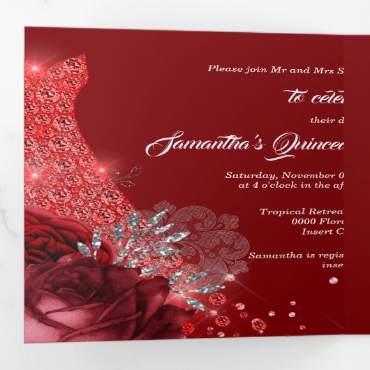 Rode zilveren FOTO-rozen ballonmeisjes Drieluik Uitnodiging (Binnenzijde eerst)