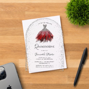 Rode Zilveren Glitter Jurk Quinceañera Feest Acryl Uitnodigingen