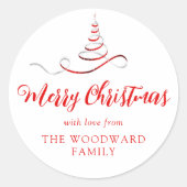 Rode Zilveren Lint Boom Kerst Script Ronde Sticker (Voorkant)