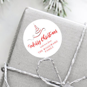 Rode Zilveren Lint Boom Kerst Script Ronde Sticker