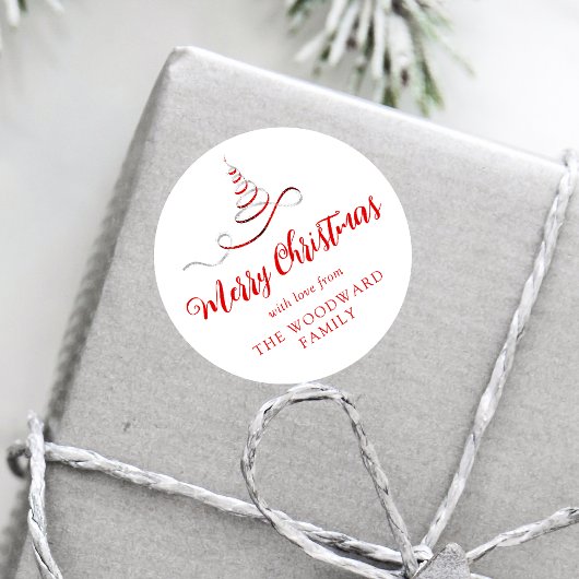 Rode Zilveren Lint Boom Kerst Script Ronde Sticker