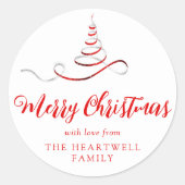 Rode Zilveren Lint Boom Kerstmis Script Ronde Sticker (Voorkant)