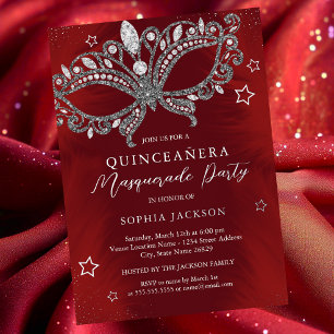Rode Zilveren Maskerade Masker Star Quinceanera Folie Uitnodiging