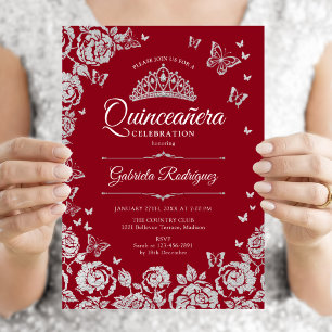 Rode Zilveren Rozen Vlinders Quinceanera Kaart