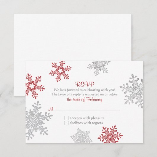 Rode Zilveren Sneeuwvlok Winter Huwelijk RSVP (Voorkant / Achterkant)
