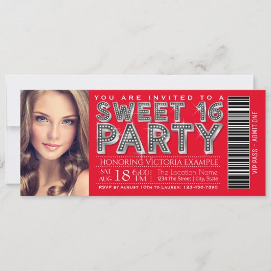 Rode Zilveren Sweet 16 Ticket Uitnodiging (Voorkant)