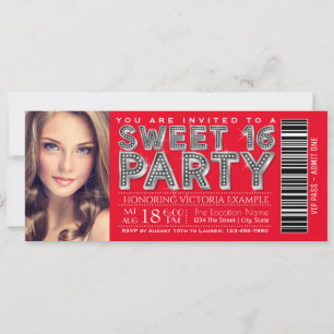 Rode Zilveren Sweet 16 Ticket Uitnodiging