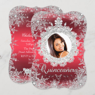 Rode Zilveren Tiara Sneeuwvlok Glitter Quinceanera Kaart