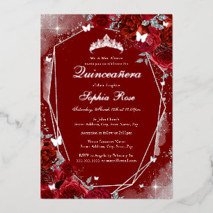 Rode Zilveren Vlinder Bloemige Quinceanera Folie Uitnodiging