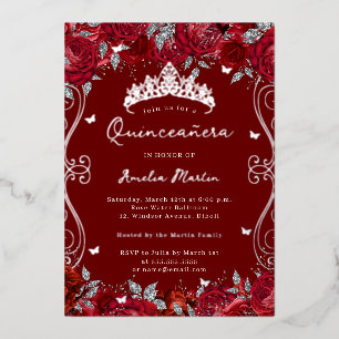 Rode Zilveren Wervelende Rol Bloemige Quinceanera Folie Uitnodiging