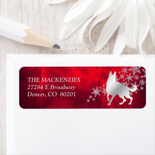 Rode Zilveren Winter Duitse Herder Hond Adres Etiket (Insitu)