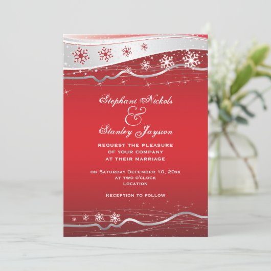 Rode, zilvergrijze sneeuwflake winterbruiloft kaart (Staand voorkant)