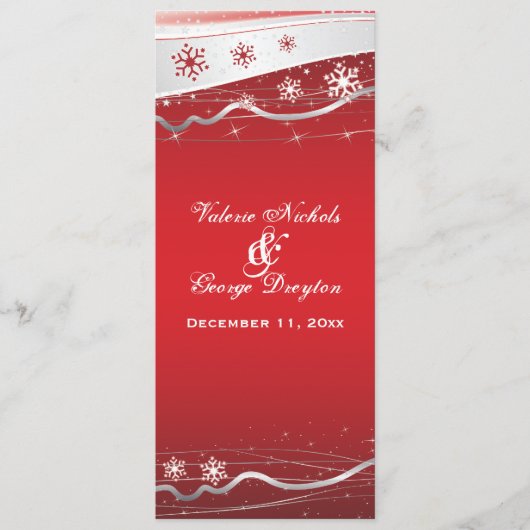 Rode, zilvergrijze sneeuwvlok trouwprogramma kaart (Voorkant)