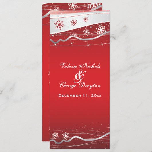 Rode, zilvergrijze sneeuwvlok trouwprogramma kaart (Voorkant / Achterkant)