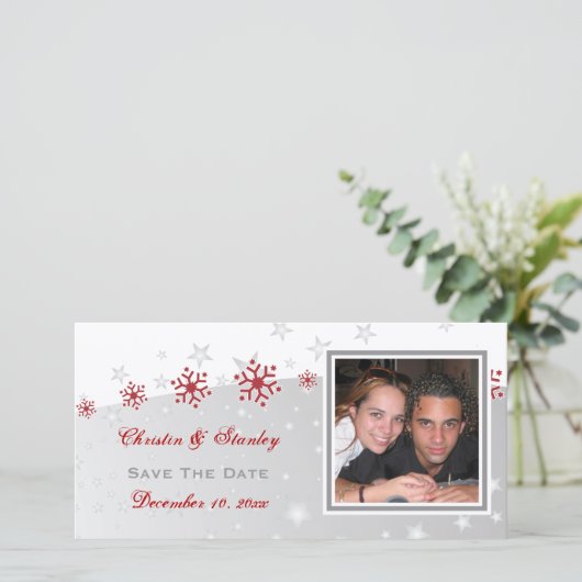 Rode zilvergrijze sneeuwvlokbruiloft Bespaar op da Save The Date (Staand voorkant)