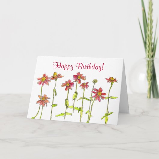 Rode Zinnia Watercolor Flowers Happy Birthday Kaart (Voorkant)