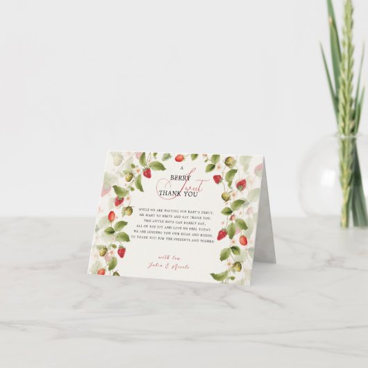 Rode Zoete Aardbei Wilde Bloemenkrans Baby Shower Bedankkaart (Voorkant)