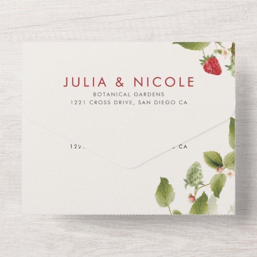Rode zoete wilde aardbeien bloemen bruiloft all in one uitnodiging (Achterkant)