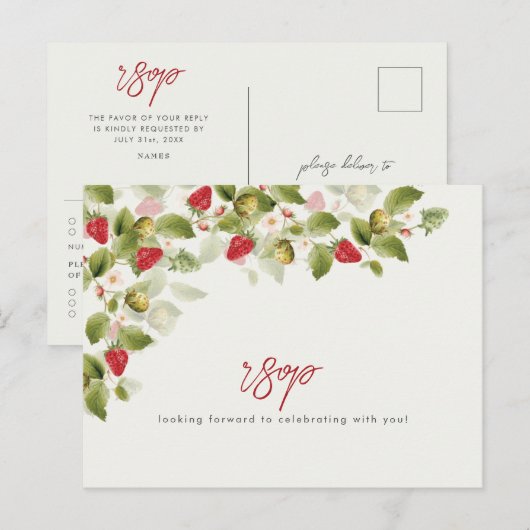 Rode zoete wilde aardbeien bloemen bruiloft briefkaart (Voorkant / Achterkant)
