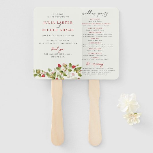 Rode zoete wilde aardbeien bloemen bruiloft handwaaier (Voorkant en achterkant)