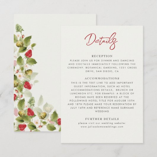 Rode zoete wilde aardbeien bloemen bruiloft informatiekaartje (Voorkant / Achterkant)