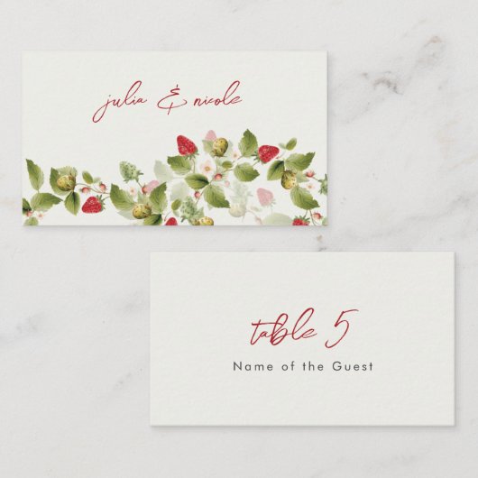 Rode zoete wilde aardbeien bloemen bruiloft plaatskaartje (Voorkant / Achterkant)