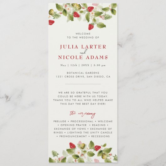 Rode zoete wilde aardbeien bloemen bruiloft programmakaart (Voorkant)