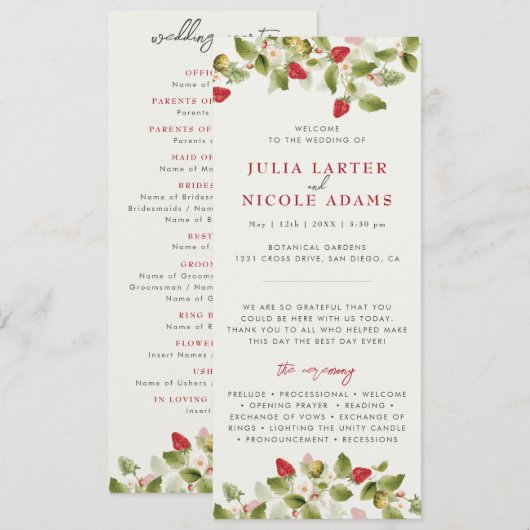 Rode zoete wilde aardbeien bloemen bruiloft programmakaart (Voorkant / Achterkant)
