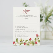 Rode zoete wilde aardbeien bloemen bruiloft RSVP kaartje (Staand voorkant)