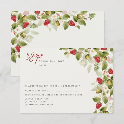 Rode zoete wilde aardbeien bloemen bruiloft RSVP kaartje (Voorkant / Achterkant)