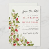 Rode zoete wilde aardbeien bloemen bruiloft save the date (Voorkant / Achterkant)